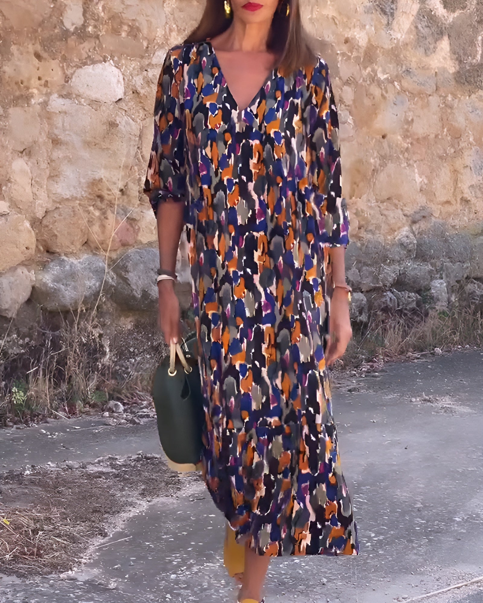 Violetta | Robe Longue à Motif Rétro et Col V