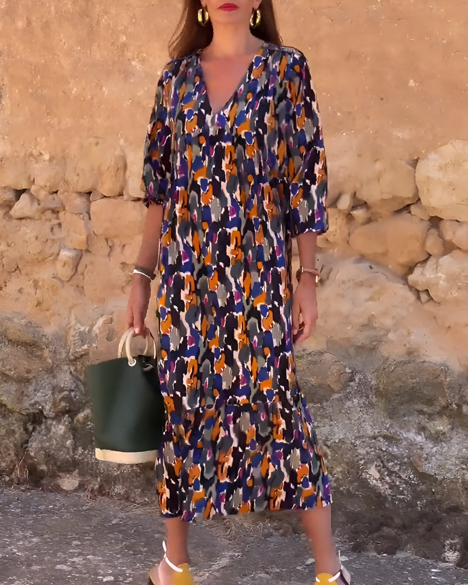 Violetta | Robe Longue à Motif Rétro et Col V