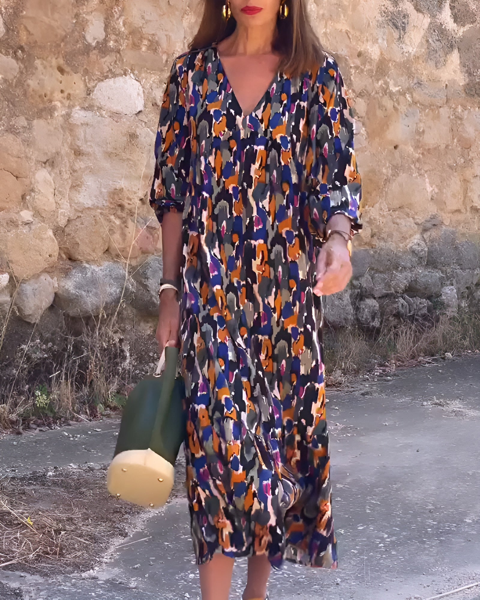 Violetta | Robe Longue à Motif Rétro et Col V
